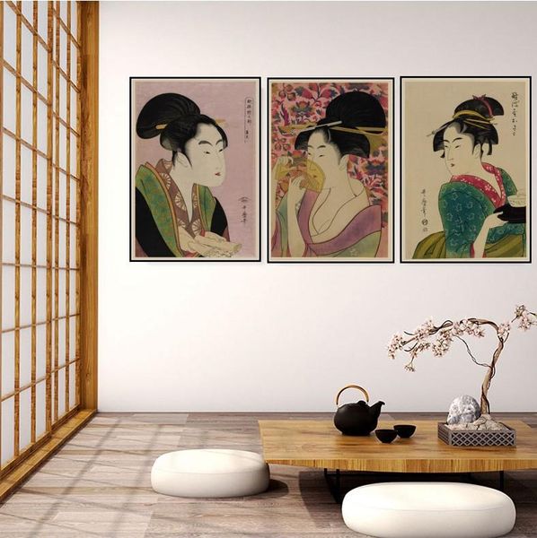 Стены наклейки классический японский плакат кимоно женщина ретро крафт бумага плакаты суши столовая украшение дома декор дома