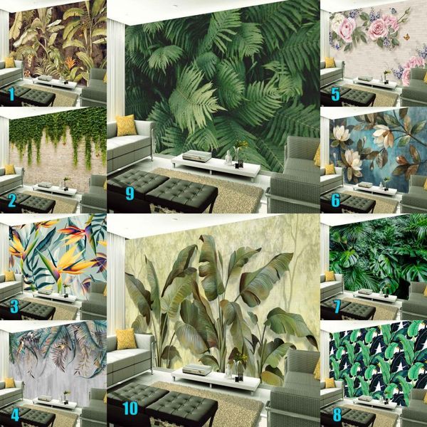 Sfondi Moda Carta da parati murale 3D personalizzata Retro Foresta pluviale tropicale Panno da parete in foglia di palma Soggiorno TV Divano sfondo