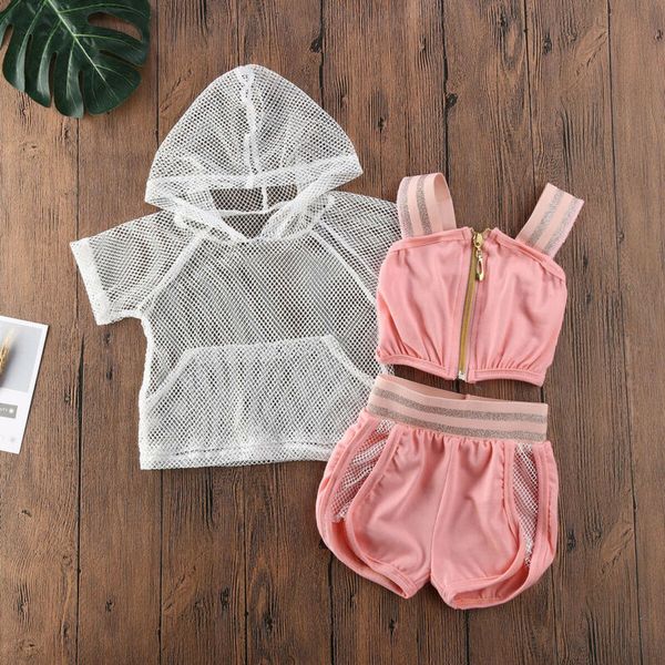 

6m-3y summer baby girl clothes sets girls mesh hoodies toddler strap camis shorts tracksuit kids outfits 3pcs clothing, White