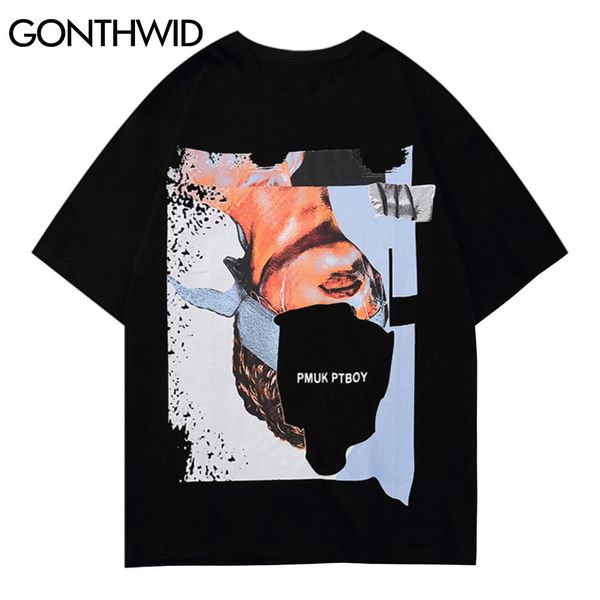 

gonthwid t-shirts hip hop streetwear men creative girl poster print cotton tshirts harajuku casual loose short sleeve tees c0315, White;black