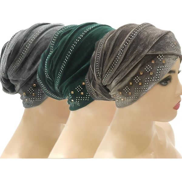 

ethnic clothing 3pcs fashion solid muslim hijab rhinestone turban head scarf women wrap velvet stretch baggy hat hair loss caps accessories, Red