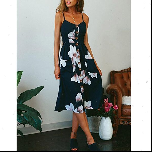 

women party pocket summer dress elegant ladies floral print dress fashion sleeveless v neck midi dresses beach vestidos button, Black;gray