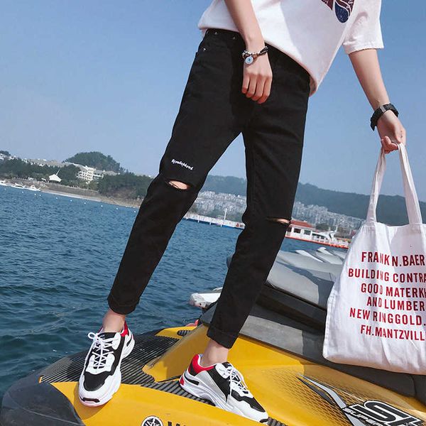

black slim fit denim jeans ripped ankle-length pant jeans homme plus size hole summer mens brand, Blue