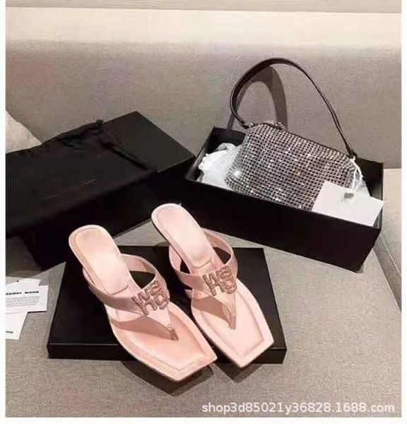 

slippers summer king clip toe flip flops square diamond letter button thin heel sandals, Black