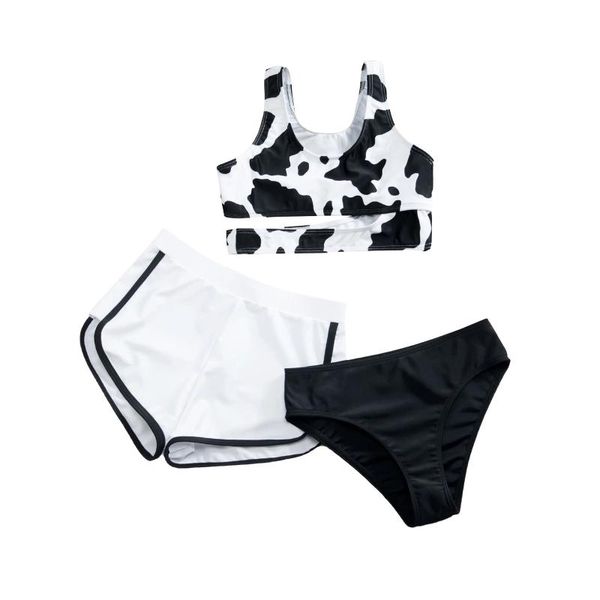 

one-pieces kids girls kawaii swimwear summer cow floral print bikini 8-13 years old three-piece swimsuit swimming beachwear bathing suit, Black