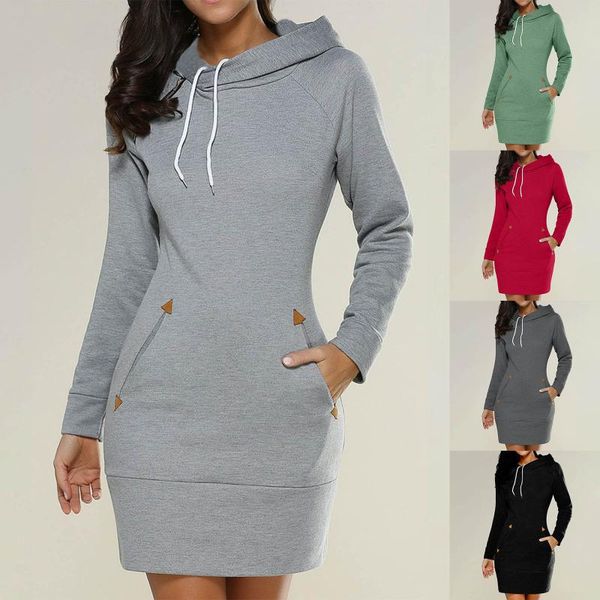 

casual dresses autumn winter women hoodie dress long sleeve pocket drawstring pullovers female warm hooded sweatshirts size -4xl, Black;gray