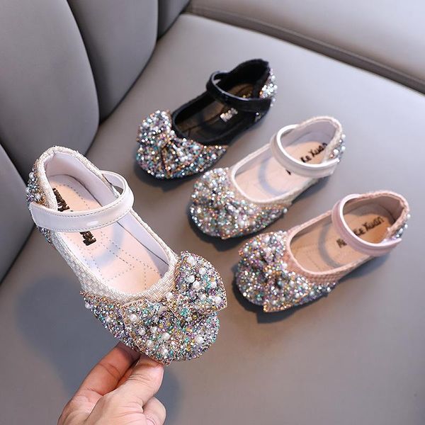 

flat shoes 1-12 year old fashion rhinestone bow princess girl' children' autumn kids dance 2021 baby dress party, Black;grey