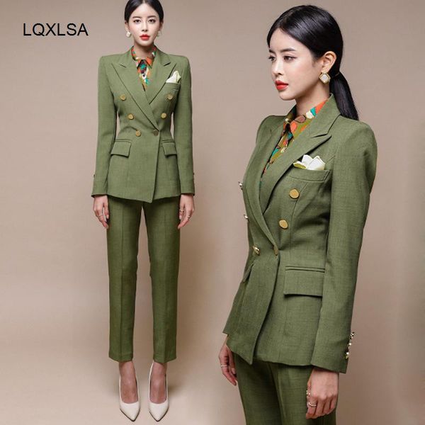 

women's two piece pants fashion green women blazer set double-breasted slim jacket & pencil pant suit ladies work female 2, White
