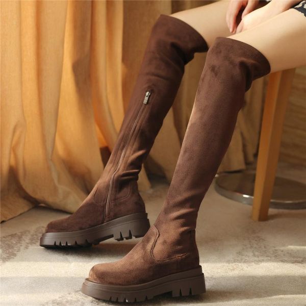 

boots 2021 platform pumps shoes women suede leather over the knee high motorcycle female round toe thigh fashion sneakers, Black