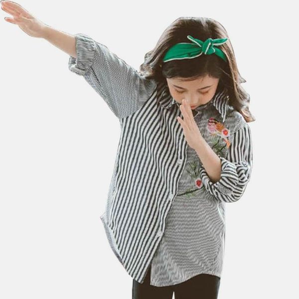 

shirts girls blouse striped patchwork shirt for flower embroidery children's girl autumn korean clothes, White;black