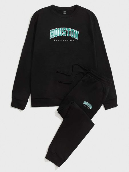 

men letter graphic tee & drawstring waist pants k7zj#, Gray