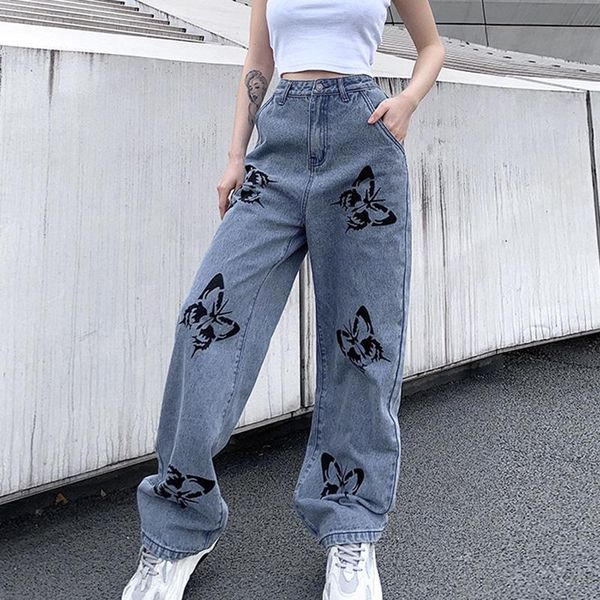 

newly women's high-waist straight-leg jeans with butterfly print mopping loose wide-leg pants m99, Blue