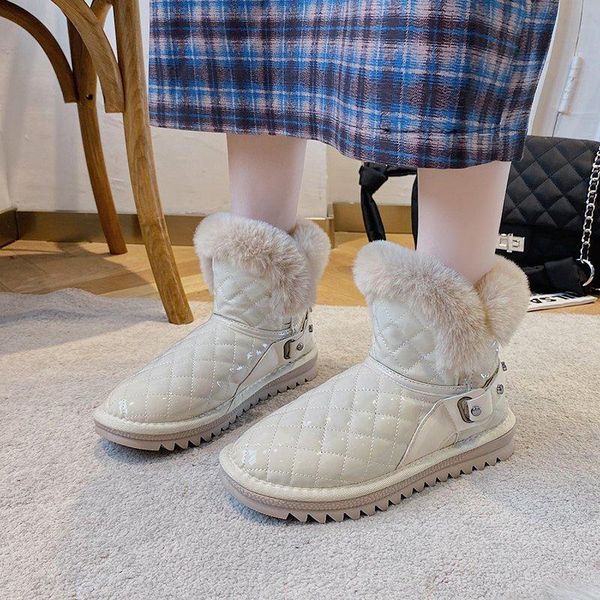 

boots patent leather snow women shoes plush fur ankle winter warm leisure rivet slip-on short black beige