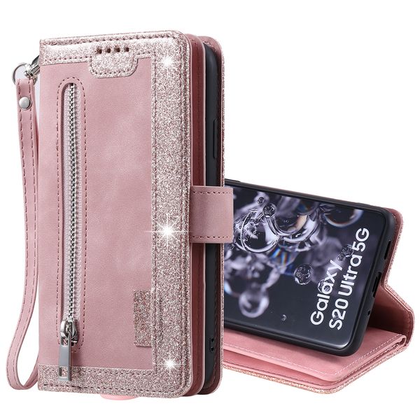 

zipper wallet phone cases for samsung galaxy s21 s20 ultra s10 plus, multifunction retro pu leather flip kickstand cover case with coin purs