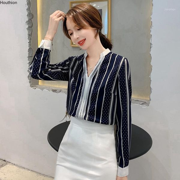 

women's blouses & shirts houthion silk long sleeve v-neck fashion striped chiffon shirt korean loose casual blouse, White