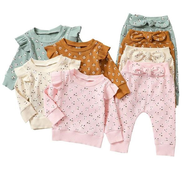 

clothing sets 0-4years toddler baby girl 2pcs set long sleeve floral ruffled sleeves pullover bowknot pant, White