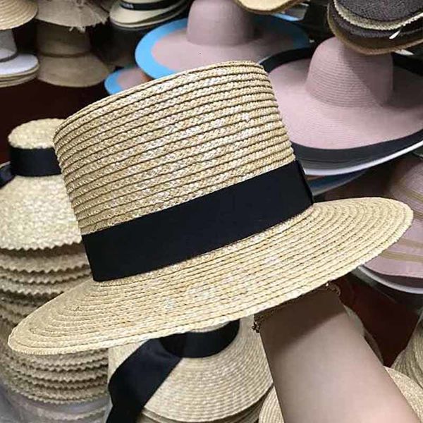 

2021 new wheat braid derby fedora women black ribbon band horse outlaw straw hats flat men summer boater hat k1cm, Blue;gray