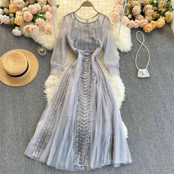 

women fashion round neck perspective long sleeve high waist slim lace a-line dress elegant korean vestidos r493 210527, Black;gray