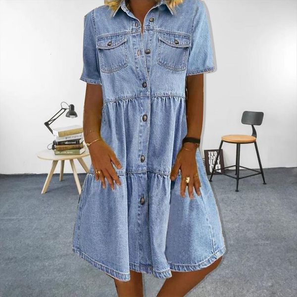 

short sleeve collar pockets single womens dress breasted a line denim, Black;gray