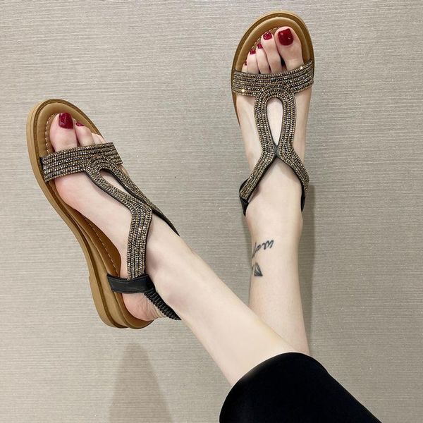 

sandals soft wedges woman,2021 summer low heels,girls rhinestone gladiatoer shoes,elastic band,black,silver,drop