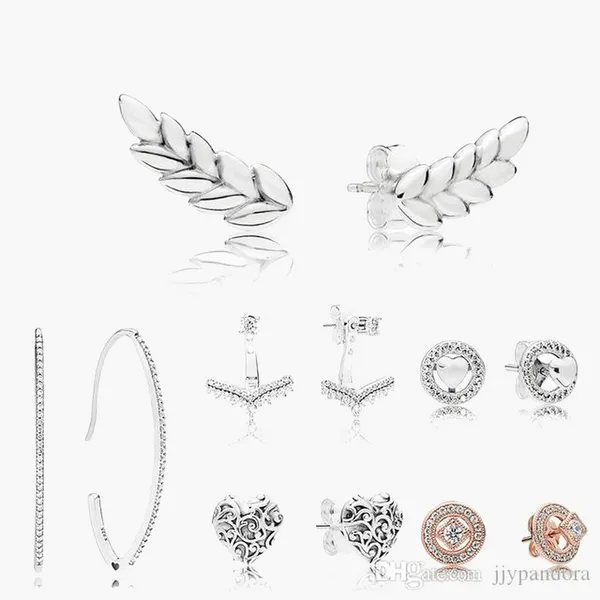 925 Sterling Silver Stud Brand New Sparkling Double Hoop Brincos Alta Jóias Feather Flor Tipo Hollow Ear Studs Saco De Poeira Presentes Fit Pandora Charm