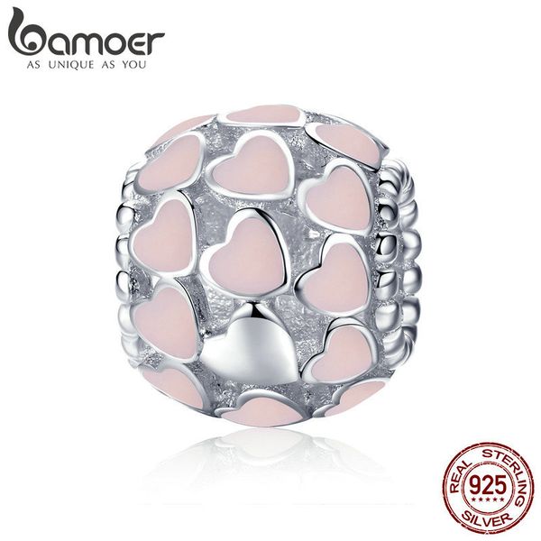 BAMOER Romantik 925 Ayar Gümüş Tatlı Kalp Kalp Pembe Emaye Boncuk Fit Kadın Bilezik Kolye DIY Takı SCC805-J Q0531