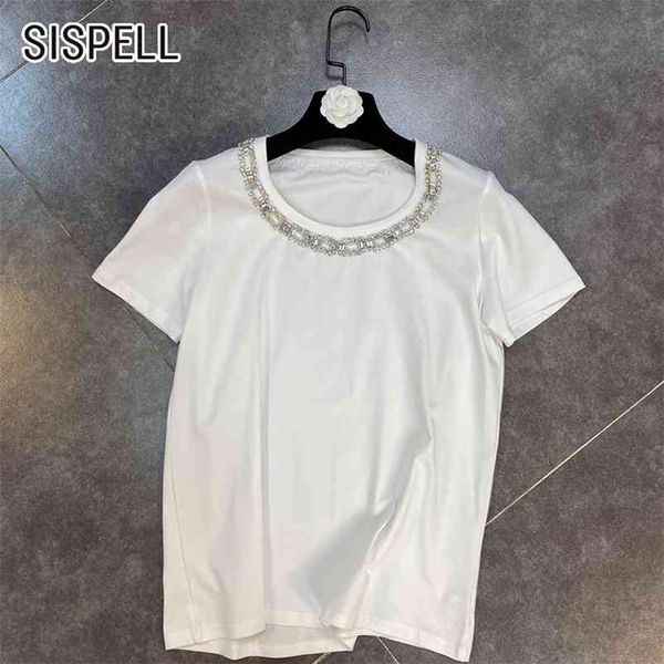 

sispell patchwork shining diamond women's t shirt o neck short sleeve loose pure color for female casual shirts ide 210531, White