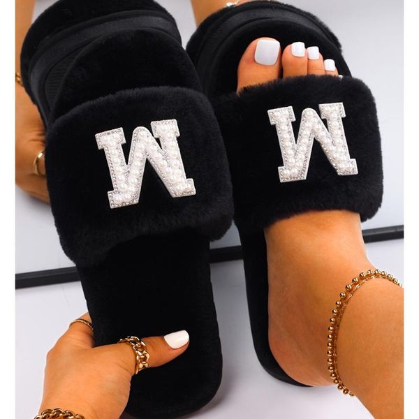 

slippers personalized women custom pearl letter decor fluffy house female faux fur slides open toe flat shoes hen party, Black