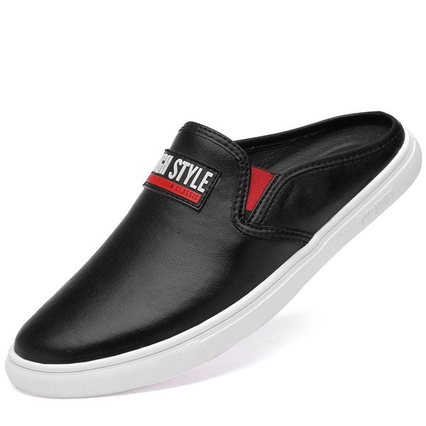 

slippers two-layer cowhide semi-drag casual shoes couple low-breathable lightweight flat men and women, Black