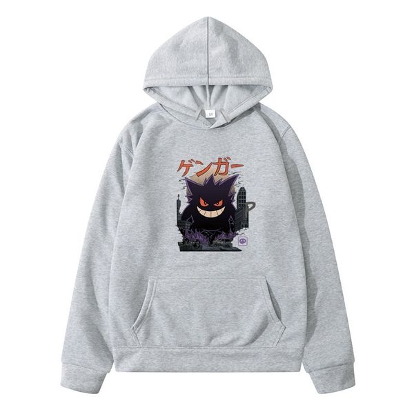 

trendy brand loose hooded gengar kaiju plush pullover sweatshirt for men, Black