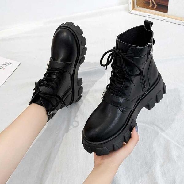 

boots women's bright leather thick soled trendy street shoes, Black