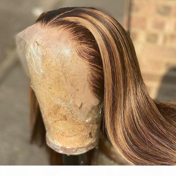 

long straight wig ombre highlight invisible color 13x4 lace front human hair wigs for women brazilian remy hair bleached knots, Black;brown