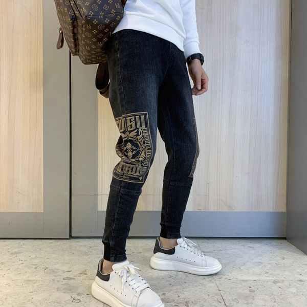 

korean men's fashionable pencil print elastic waistband joggers pants streetwear hip hop casual sweatpants harem 36 daqy, Black