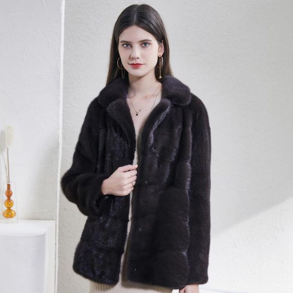 

women's fur & faux 2021 mink medium long lapel winter warm coat, Black