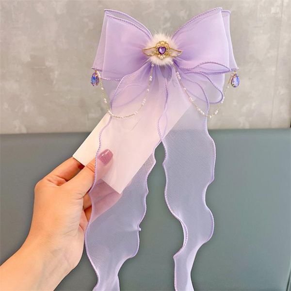 

hair accessories 10pcs/lot girls rhinestone streamer bows clip mesh bowknot clips long tassel head hairpins princess headwear1, Slivery;white