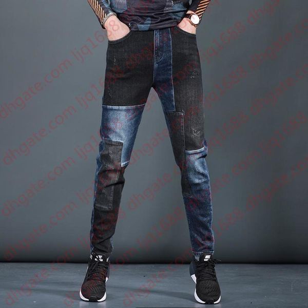 

fashion patchwork jeans men blue black slim fit stretch pencil pants