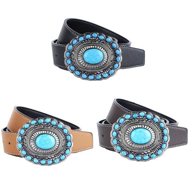 

belts bohemian western cowboy pu leather strap belt gemstone buckle, Black;brown