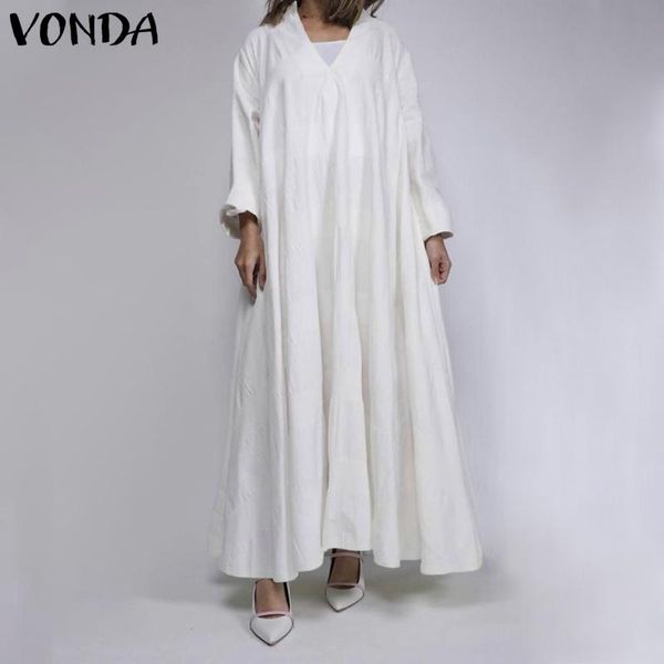 

women long sleeve solid maxi dress 2021 vonda plus size autumn kaftan robe casual bohemian vestidos loose beach sundress 5xl dresses, Black;gray