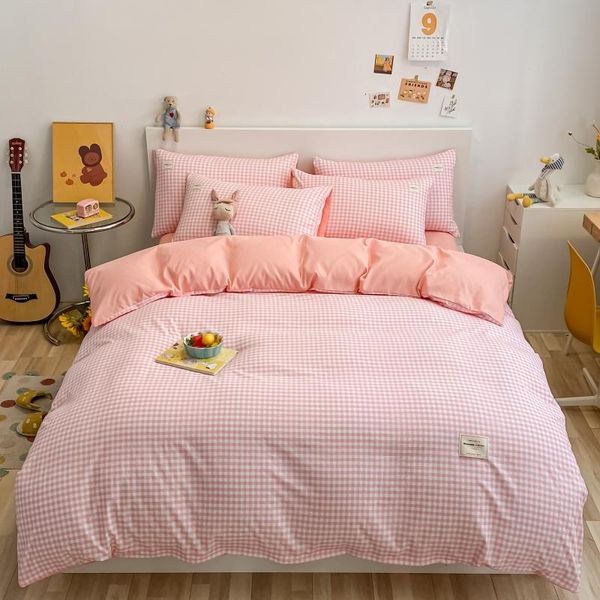 

bedding sets pink plaid cute quilt cover pillowcase solid bed flat sheets girls duvet set twin full single king bedclothes