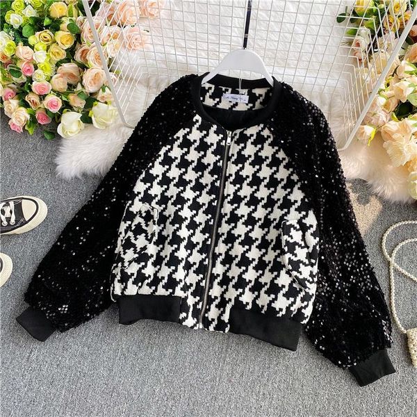 

women's jackets houndstooth patchwork baseball jacket women zipper long sleeve sequined streetwear outwear autumn winter high quality, Black;brown