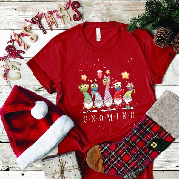 

cute five christmas gnome womens printed funny santa hat casual women short sleeve female clothes, White