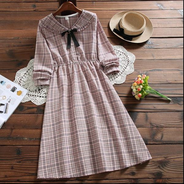 

spring autumn cotton linen fashion plaid dress japan style bow long sleeve women vintage sweet vestidos, Black;gray