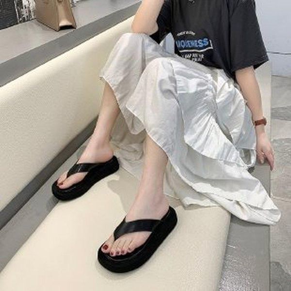 

slippers summer casual women's 2021 solid color all-match trendy flip-flops thick bottom outer wear fashionable, Black