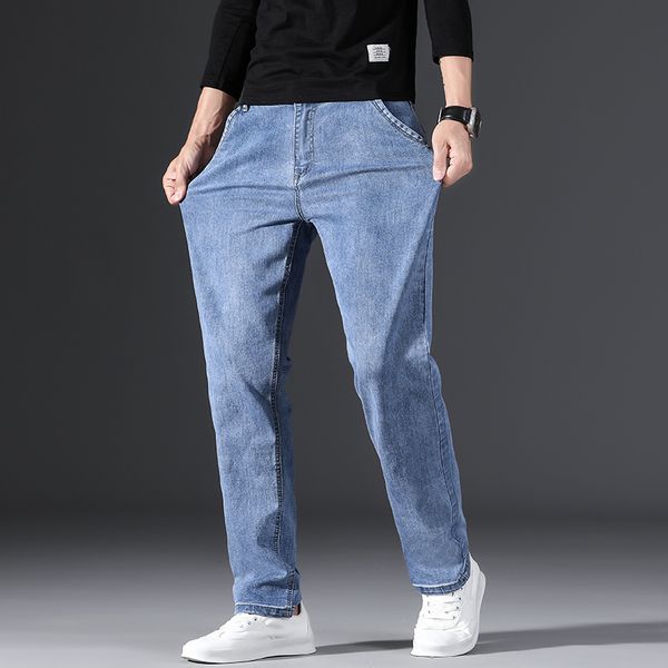 

2021 spring new men's light-colored classic style stretch slim fit blue denim trousers male brand oz1l