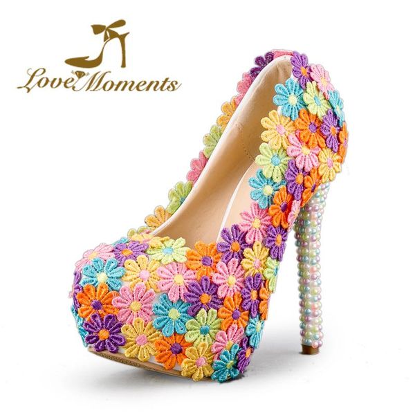 

dress shoes love moments multicolor wedding ladies platform high heel evening beautiful lace flower pearl bridesmaid, Black