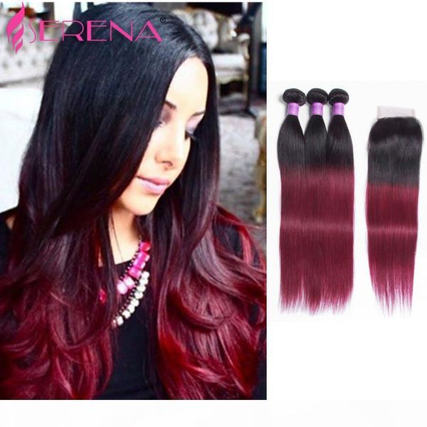 

1b burgundy straight human hair bundles with closure peruvian ombre 1b 99j 7a unprocessed virgin hair with closure 3 bundle deals, Black;brown