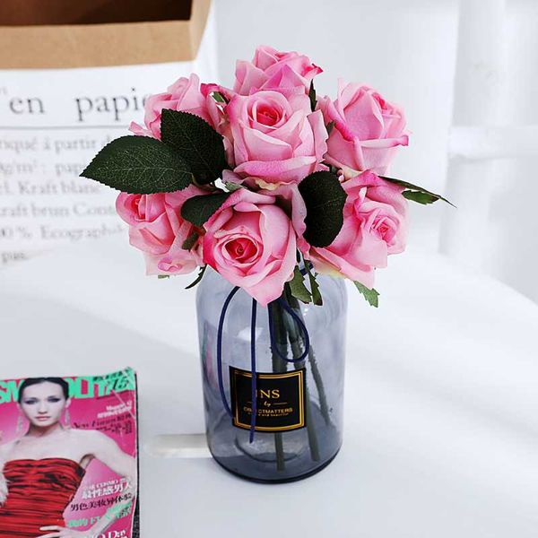 

decorative flowers & wreaths artificial fake 7 heads rose pink red silk flower arrangement vases wedding bridal bouquet home garden decor