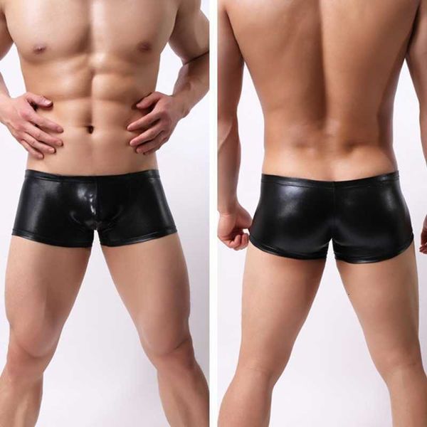

underpants men low waist boxer briefs liquid metallic faux patent leather swim trunks shiny solid color wetlook underwear 529, Black;white