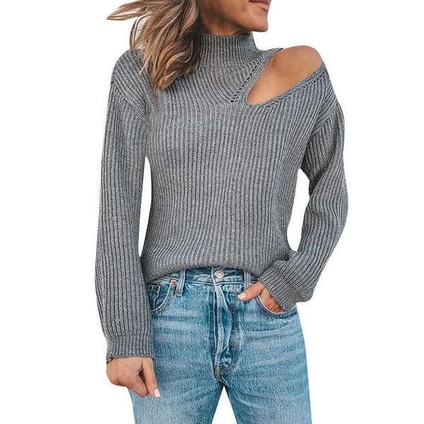 Frauen Herbst Winter Pullover Lässige Aushöhlen Off Schulter Hoher Kragen Langarm Einfarbig Schlank Pullover Damen Gestrickte Tops 210526