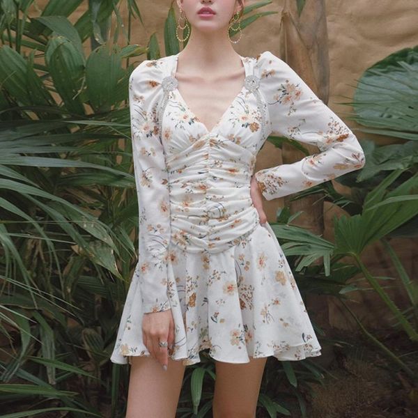 

casual dresses diamonds dress for women v neck long sleeve high waist ruched print hit color mini female 2021 fashion clothing k855, Black;gray